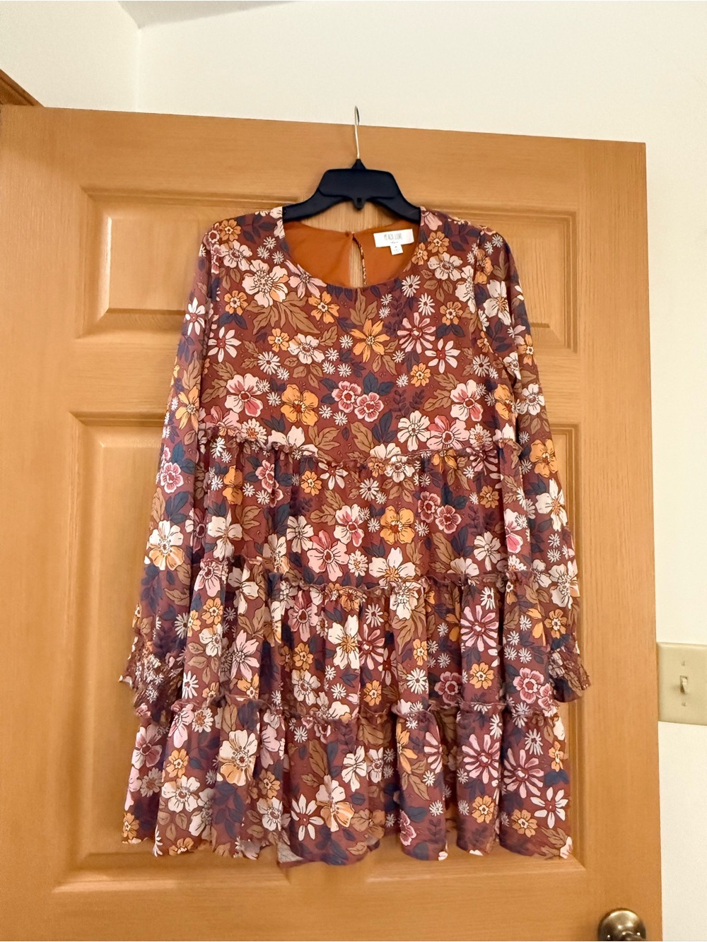 Peach Love California Rust Floral Tiered Long Sleeve Dress
